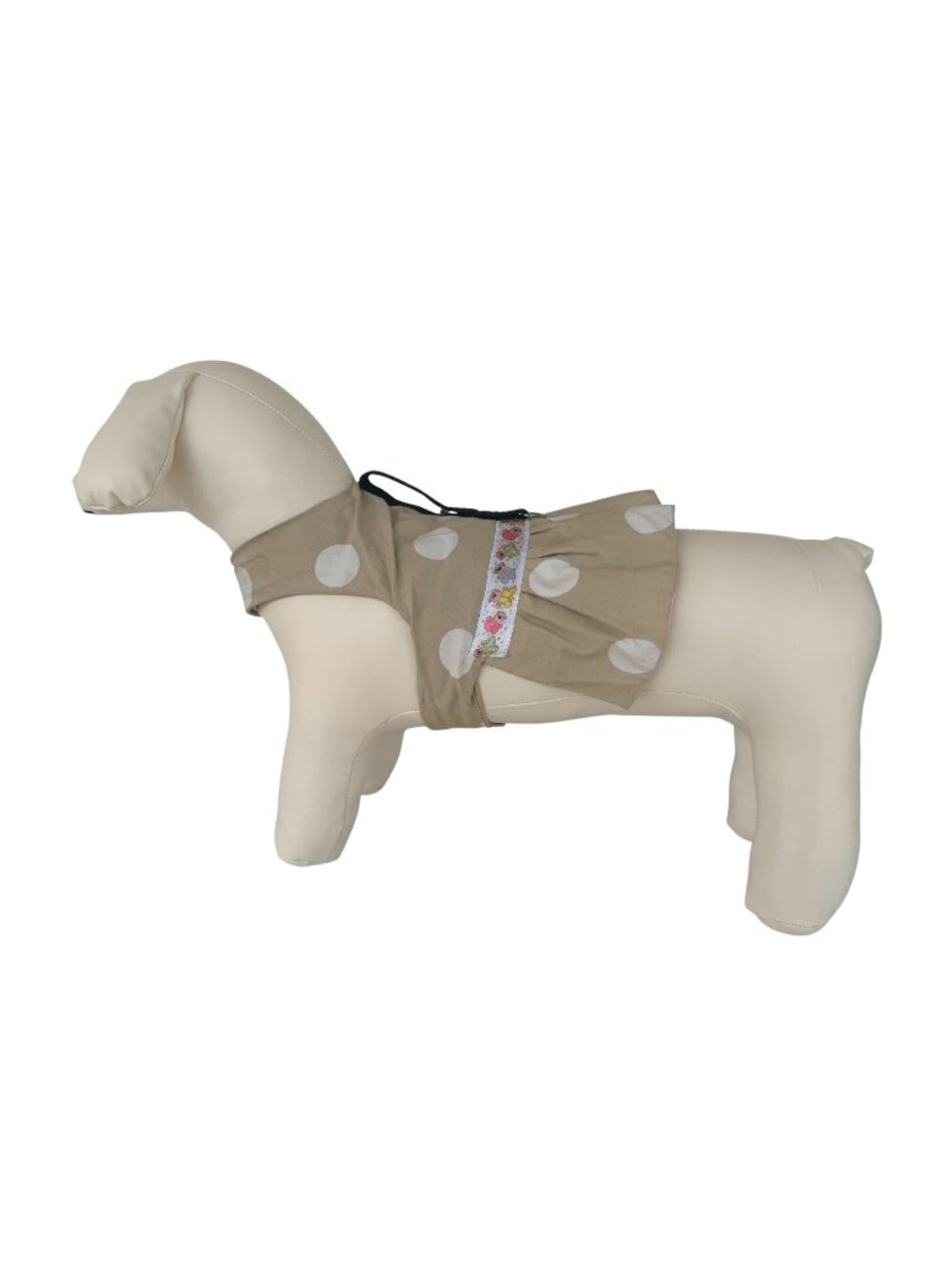 Handmade Small Dog Adjustable Dress Outfit w Harness Beige Polka Dot w Ribbon